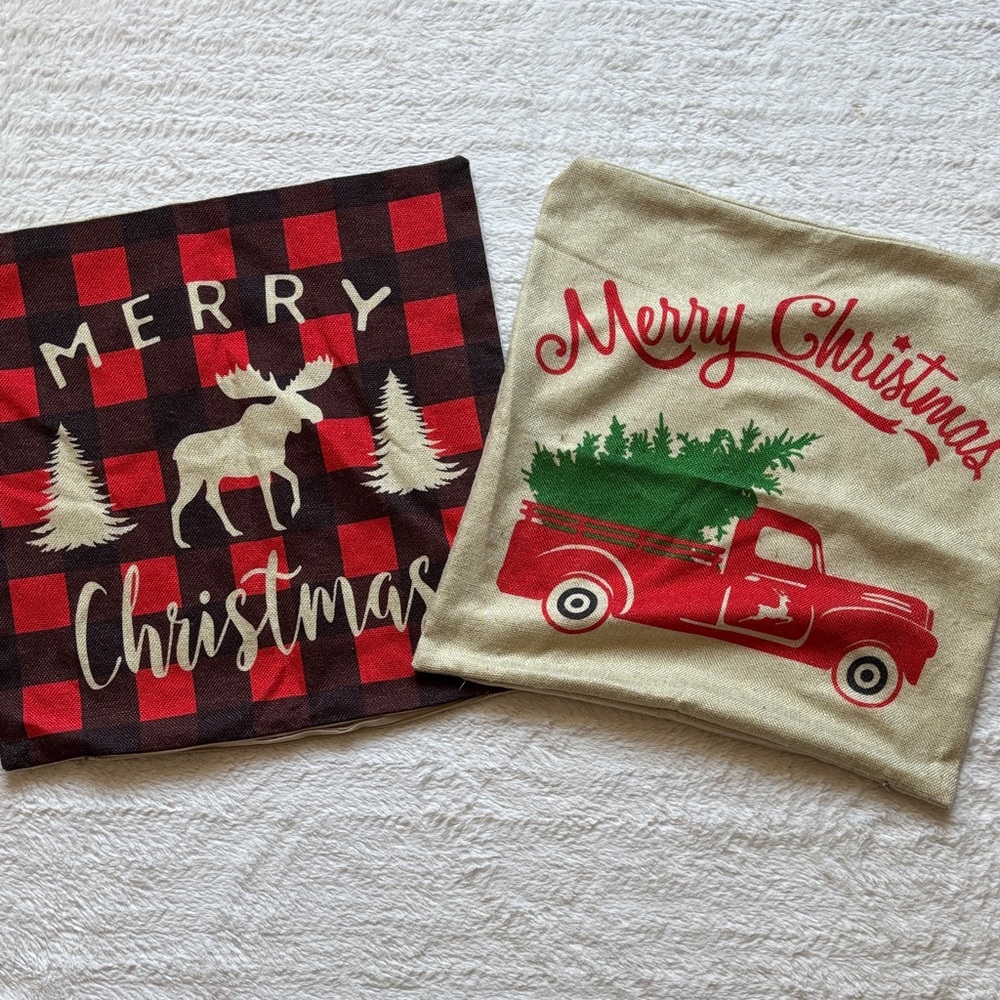 Christmas Farmhouse Throw Pillow Covers Set - Red Plaid & Cream Truck